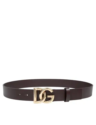 Dolce & Gabbana Calfskin Belt With Crossed Dg Logo In Metal In Moro