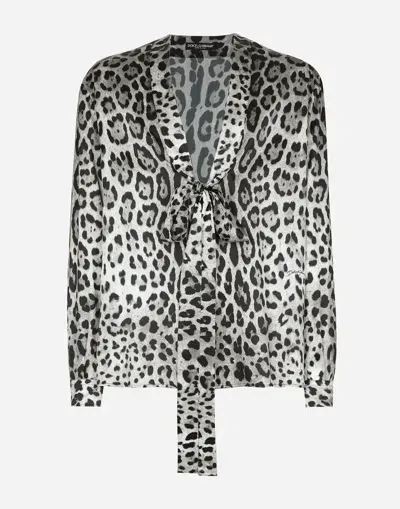 Dolce & Gabbana Leopard Silk Shirt With Pussy-bow In Grey