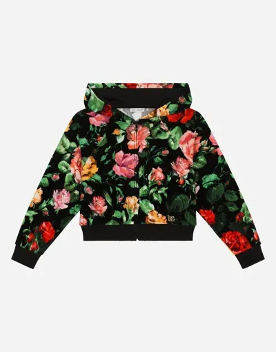 Dolce & Gabbana Kids' Chenille Hoodie With Rose Print Over A Black Background