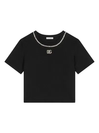 Dolce & Gabbana Kids' Girl's Embellished Interlocked Logo-print T-shirt In Black