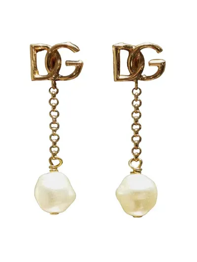 Dolce & Gabbana Dangling Earrings With Pearls And Dg Logo In Metallic