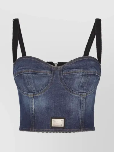 Dolce & Gabbana Logo-plaque Denim Crop Top In Blue