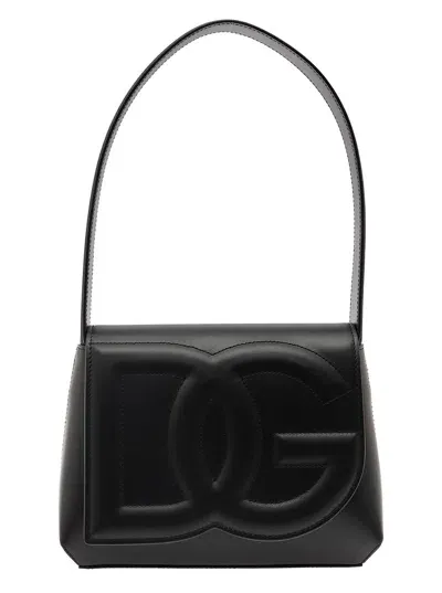 Dolce & Gabbana Dg Logo Black Shoulder Bag In 3d Quilted Logo Detail In Smooth Leather Woman