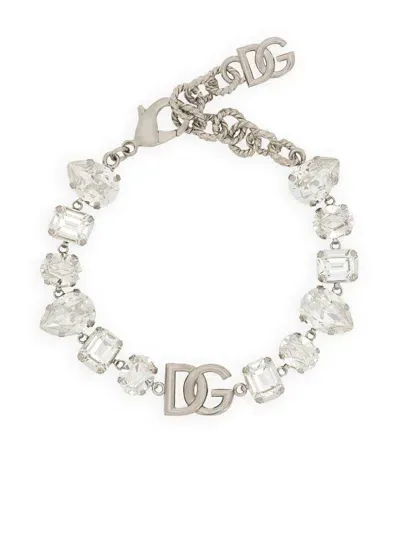 Dolce & Gabbana Dg-plaque Crystal-embellished Bracelet In Silber