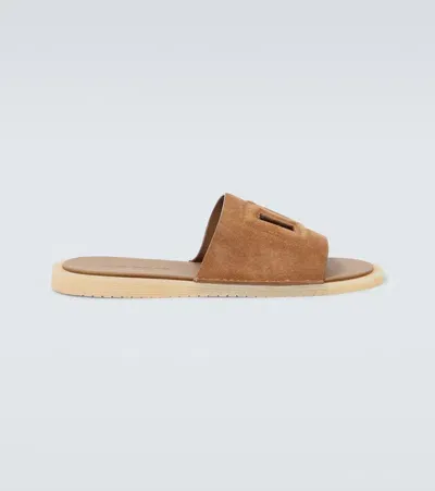 Dolce & Gabbana Dg Suede Slides In Brown