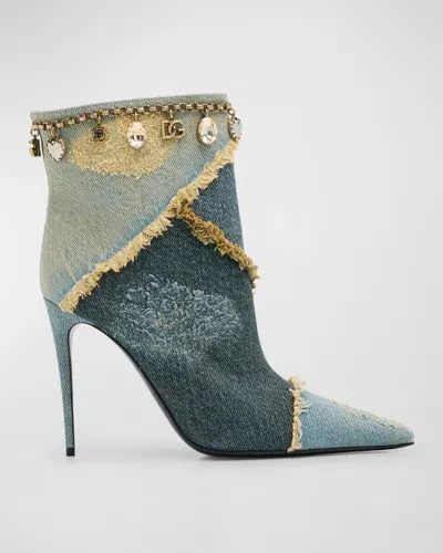 Dolce & Gabbana Distressed Denim Charms Ankle Booties In Blue