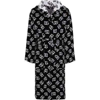 Dolce & Gabbana Dolce&gabbana D&g Logo Hooded Cotton Terry Cloth Robe In Oxford