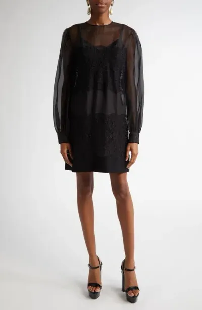 Dolce & Gabbana Dolce&gabbana Lace Paneled Long Sleeve Sheer Silk Blend Organza Dress In Black