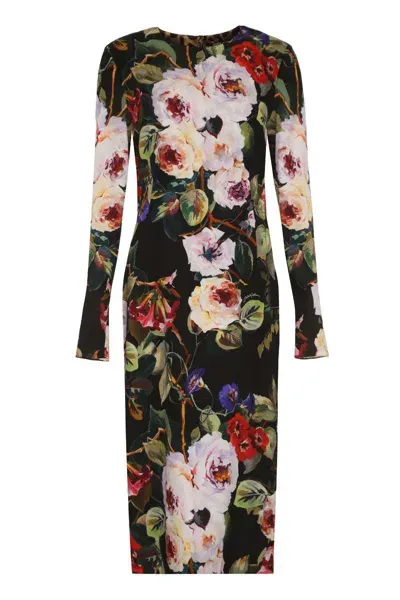 Dolce & Gabbana Floral-print Long-sleeve Midi Dress In Black