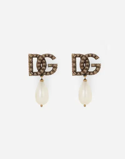 Dolce & Gabbana Drop Earrings With Teardrop Pearl And Dg Logo In White