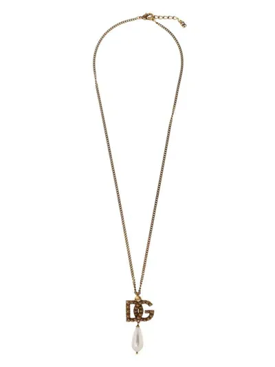 Dolce & Gabbana Faux-pearl Logo-pendant Necklace In Gold