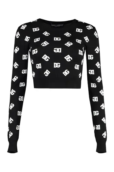 Dolce & Gabbana Dolce&gabbana Logo Jacquard Crop Crewneck Sweater In Nero/bianco