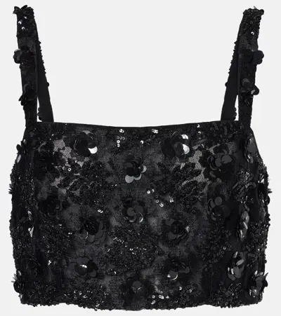 Dolce & Gabbana Floral-appliqué Sequined Crop Top In Black