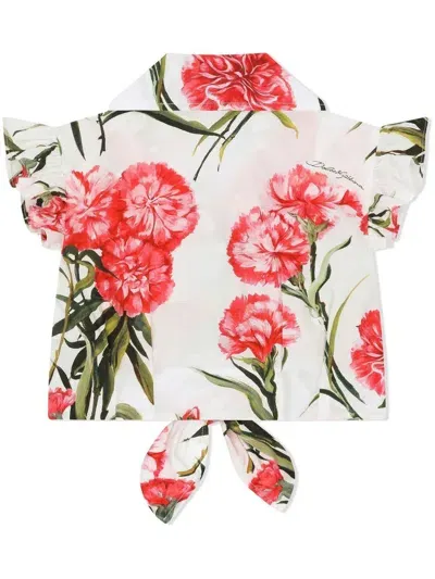 Dolce & Gabbana Kids' Floral-print Ruffled Blouse In Bianco