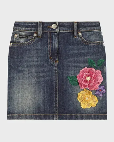 Dolce & Gabbana Kids Denim Floral-embroidered Skirt (8-12+ Years) In Blue