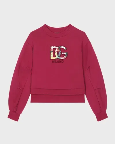 Dolce & Gabbana Kids' Girl's Floral Embroidered Interlocked Logo-print Sweatshirt In Dark Pink