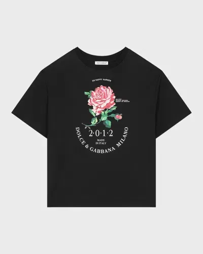 Dolce & Gabbana Kids' Girl's Rose-print Graphic T-shirt In Black