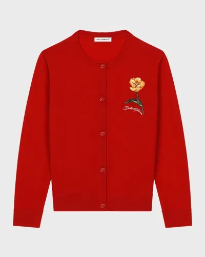 Dolce & Gabbana Kids' Girl's Shaved Flower Patch Logo-print Cardigan In Dark Red