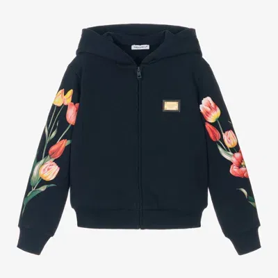 Dolce & Gabbana Kids' Girls Navy Blue Cotton Tulip Zip-up Hoodie