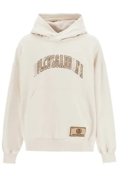 Dolce & Gabbana Hooded Sweatshirt With Embroidered Logo In Neutrals