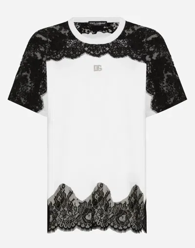 Dolce & Gabbana Jersey T-shirt With Dg Logo And Lace Inserts In White