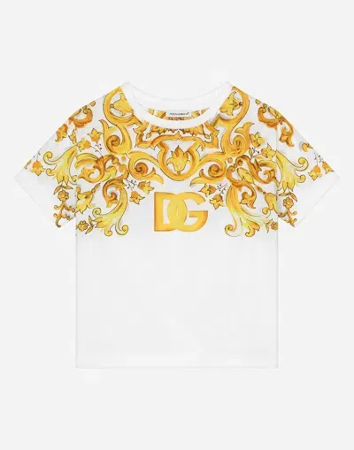 Dolce & Gabbana Jersey T-shirt With Yellow Majolica Print And Dg Logo