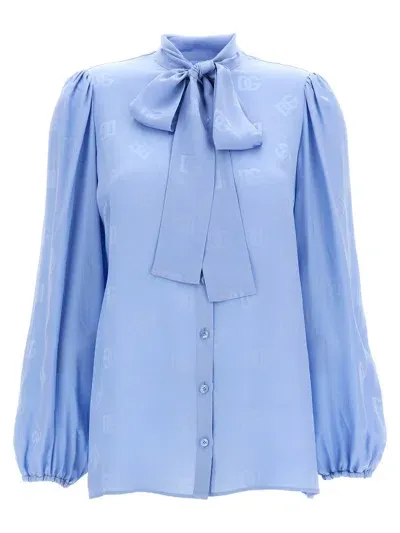 Dolce & Gabbana Light Blue Shirt With Bow And Jacquard Dg Logo In Silk Woman