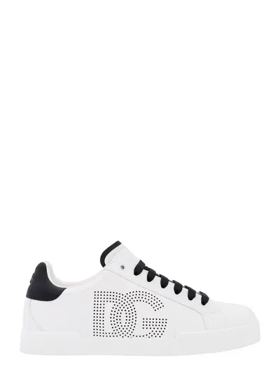 Dolce & Gabbana Leather Sneakers With Perforated Logo In White