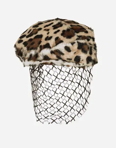 Dolce & Gabbana Leopard-print Goatskin Flat Cap With Veil In Multicolor