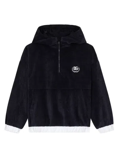 Dolce & Gabbana Kids' Logo-embroidered Velvet Hoodie In Blue