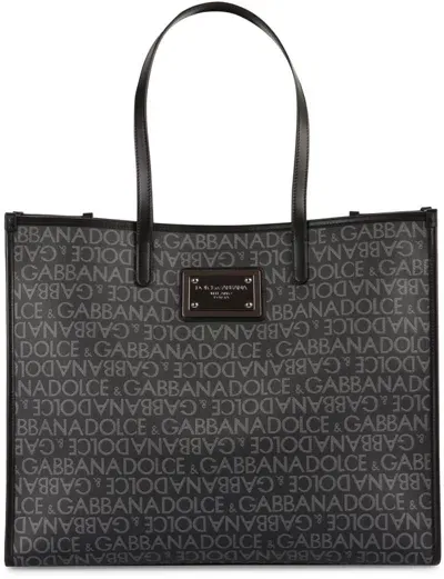 Dolce & Gabbana Logo Jacquard Large Shopper Bag In Black