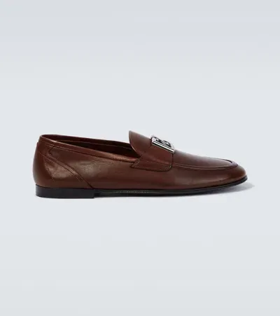 Dolce & Gabbana Logo Leather Loafers In Brown