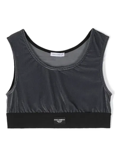 Dolce & Gabbana Kids' Brand-appliqué Sleeveless Velour Top 10-12 Years In Dark Lead Grey