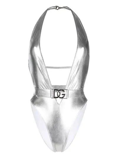 Dolce & Gabbana Logo-plaque Swimsuit In Argento