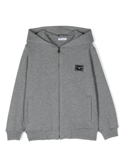 Dolce & Gabbana Kids' Logo-plaque Zip-up Cotton Hoodie In Grey