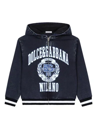 Dolce & Gabbana Kids' Logo-print Denim-look Hoodie In Blue