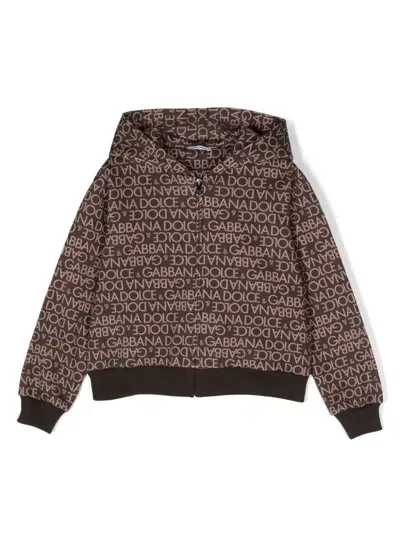 Dolce & Gabbana Kids' Logo-print Zip-up Hoodie In Brown