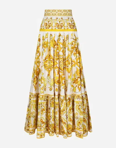 Dolce & Gabbana Long Majolica-print Poplin Skirt With Ruffles