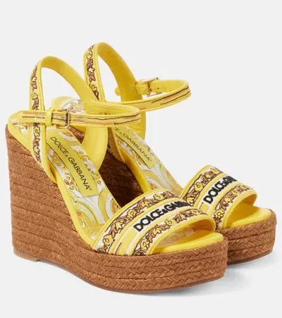 Dolce & Gabbana Majolica Leather-trimmed Espadrille Wedges In Yellow