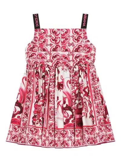 Dolce & Gabbana Kids' Majolica Print Poplin Midi Dress In Multicolor