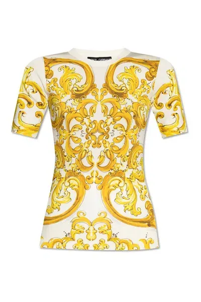 Dolce & Gabbana Majolica Printed Knitted Top In Yellow