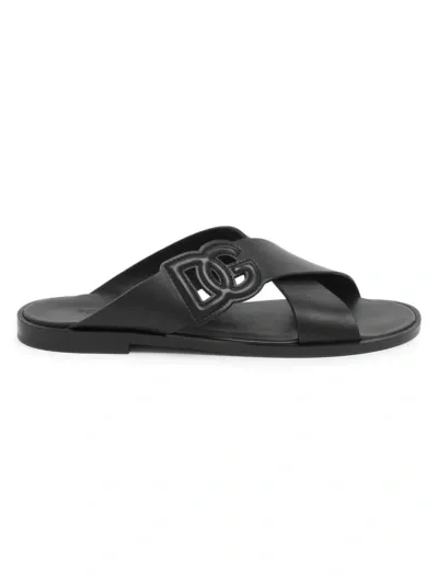 Dolce & Gabbana Men's Logo Cut-out Leather Sandals In Nero