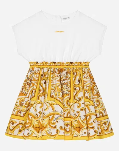 Dolce & Gabbana Poplin And Jersey Dress With Yellow Majolica Print