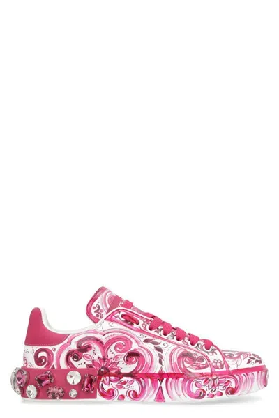 Dolce & Gabbana Portofino Leather Sneakers In Fuchsia