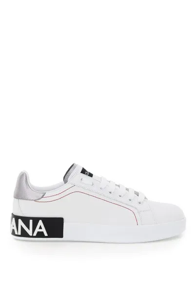 Dolce & Gabbana Portofino Leather Sneakers In Rosa Bianco Argento