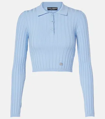 Dolce & Gabbana Ribbed-knit Cropped Polo Sweater In Blue