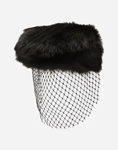 Dolce & Gabbana Shearling Flat Cap With Veil In Black