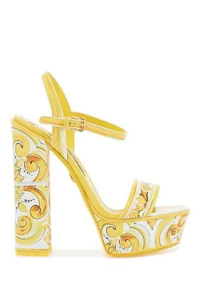 Dolce & Gabbana Glossy Leather Platform Sandals With Adjustable Ankle Strap In Yellow