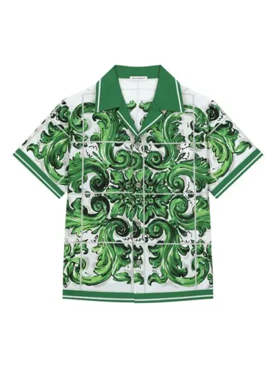 Dolce & Gabbana Kids' Majolica Poplin Print Shirt In Green