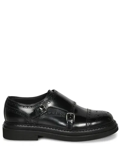 Dolce & Gabbana Leather Monk Strap Shoes With Brogue Detailing In Black